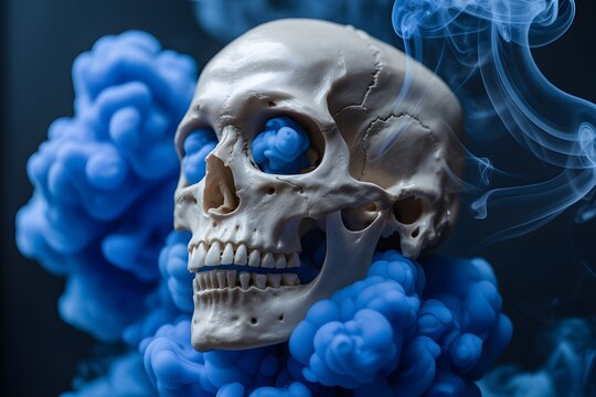 Human skull in profile with vibrant blue smoke swirling around eye sockets