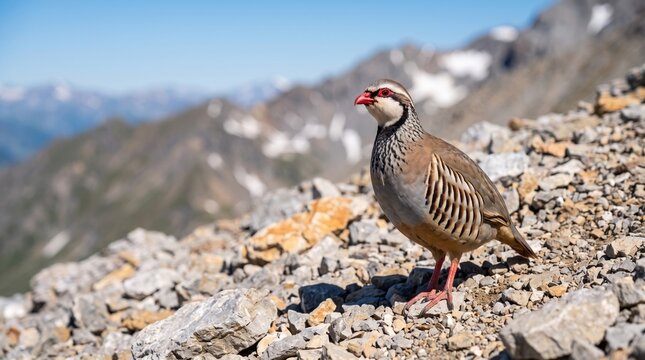 rock partridge standing on a rugged alpine mountain slope