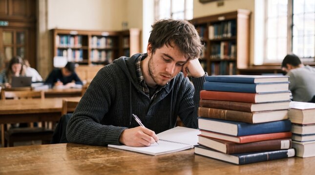 Tired university student studies beside a tall stack of books in a quiet library, writing notes for an exam