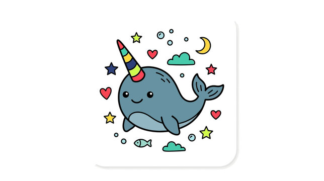 Cute cartoon narwhal with rainbow horn and stars