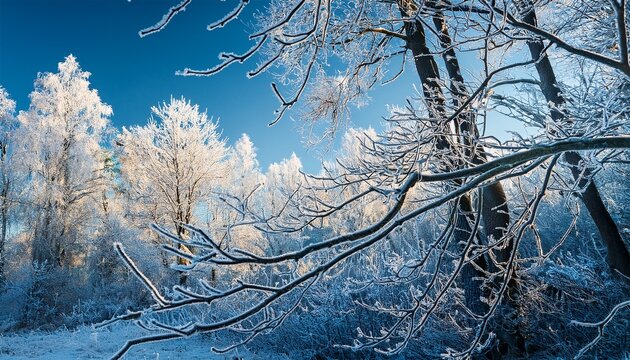 Frost Covered Branches In A Winter Forest