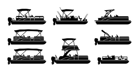 Pontoon Boat Silhouettes Collection, Nautical Watercraft Vector Icons, Marine Leisure Vessels Set, Water Transport Graphics © Rahim
