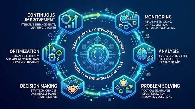 Digital process optimization cycle infographic design vector with continuous improvement monitoring and analysis icons over blue background.