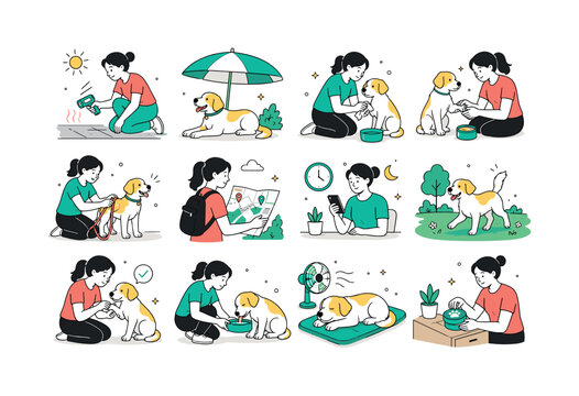 Dog Paw Balm Protection. Hot-pavement safety, summer dog walking, paw care and animal wellness. 12 minimalist editorial vector scenes: an owner checks pavement temperature, a dog waits in a shaded