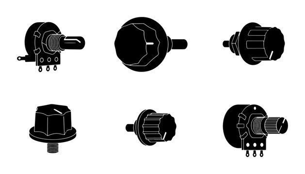 Set of Six Black Potentiometer Knobs, Electronic Component Icons, Variable Resistor Controls, Vector Graphics for Technology and DIY Projects