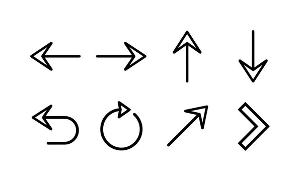 Universal Arrow Collection, line icon set featuring left arrow, right arrow, up arrow, down arrow, curved arrow, circular arrow, diagonal arrow, navigation chevron, covering interface navigation,