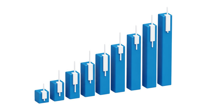 Blue bar chart with increasing vertical bars showing growth trend isolated on transparent background