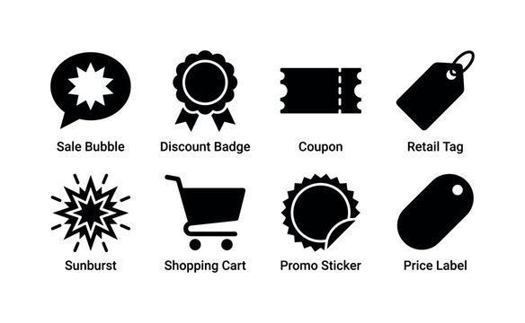 Mega Sale Badges, solid glyph icon set featuring sale bubble, discount badge, coupon, retail tag, sunburst, shopping cart, promo sticker, price label, covering mega sales, ecommerce, advertising,