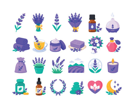 Lavender Aromatherapy Collection bright flat vector icon set, 20 colorful isolated object icons featuring lavender sprig, lavender bundle, flowering stem, lavender bouquet, essential oil bottle, aroma