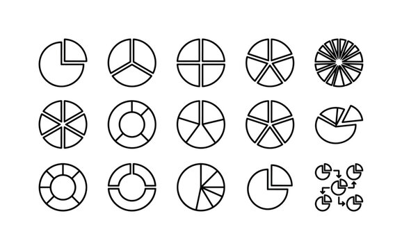 Pie Chart Segments, line icon set featuring two-part pie chart, three-part chart, four-part chart, five-part chart, six-part chart, donut chart, fraction wheel, percentage circle, data slice, business