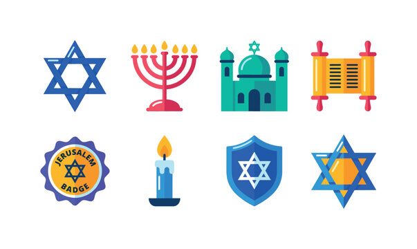 Jewish Faith Symbols, bright flat vector icon set featuring Star of David, menorah, synagogue, Torah scroll, Jerusalem badge, Hanukkah candle, faith shield, holiday star, covering Judaism, Israel,