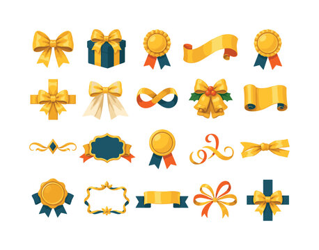 Golden Ribbon Bows, bright flat vector icon set with 20 colorful isolated decorative elements featuring satin bow, gift ribbon, rosette, curled banner, award ribbon, wrapped package bow, wedding bow,