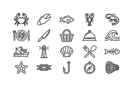 Crab Seafood Branding, line icon set featuring crab, claw, fish, lobster, shrimp, seafood plate, chef knife, market basket, restaurant bell, ocean wave, covering seafood, restaurants, fish markets,