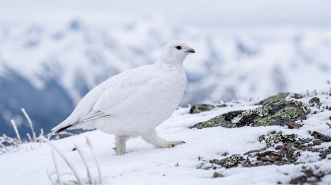 rock ptarmigan in white winter plumage on snowy alpine slope