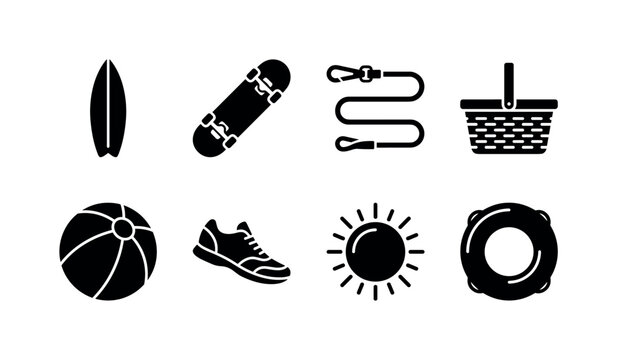 Summer Outdoor Activities, solid glyph icon set featuring surfboard, skateboard, dog leash, picnic basket, beach ball, running shoe, sun and swim ring, covering beach recreation, sports, vacations and