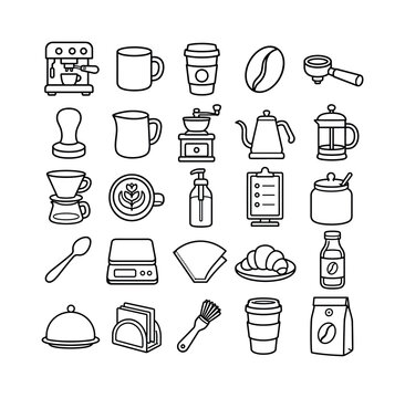 Coffee Shop Barista Tools line icon set, 25 bold outline icons featuring espresso machine, coffee mug, takeaway cup, coffee bean, portafilter, tamper, milk pitcher, grinder, kettle, French press,