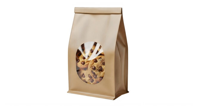 A brown paper bag containing chocolate chip cookies isolated on transparent background