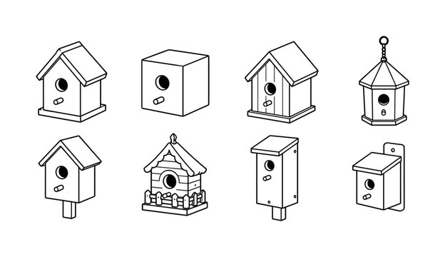 Birdhouse Design Collection line icon set, 8 clean outline icons featuring classic wooden birdhouse, modern cube birdhouse, pitched roof birdhouse, hanging birdhouse, round entrance birdhouse,