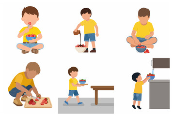 Fototapeta premium Set of flat vector illustrations of a little boy character washing, cutting, and eating fresh strawberries