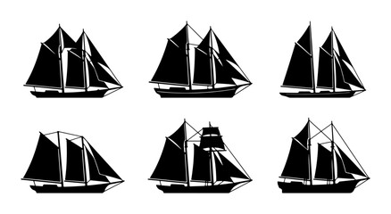 Vintage Tall Ship Silhouettes, Classic Sailing Vessel Icons, Nautical Maritime Transport Collection, Black and White Vector Art © Farzana