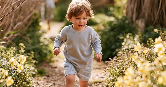 A toddler walks confidently along a sunlit garden path lined with blooming spring flowers, capturing a tender early milestone.