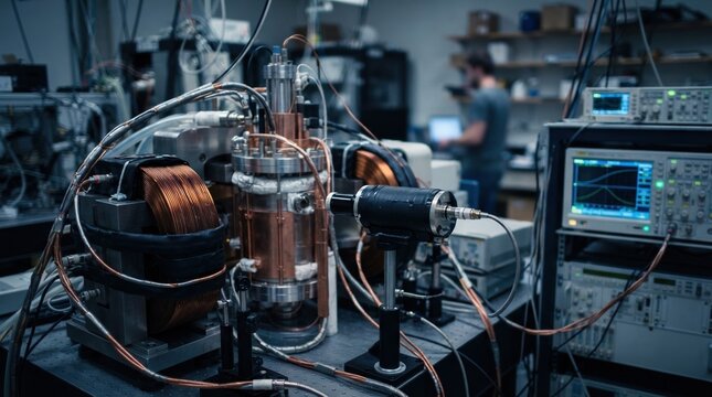 Nuclear physics research setup with scintillation detector, copper cabling, shielded sample chamber, electromagnet coils, and a glowing console.