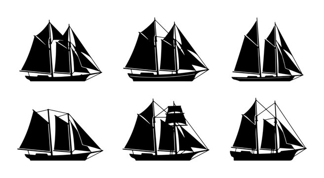 Vintage Tall Ship Silhouettes, Classic Sailing Vessel Icons, Nautical Maritime Transport Collection, Black and White Vector Art