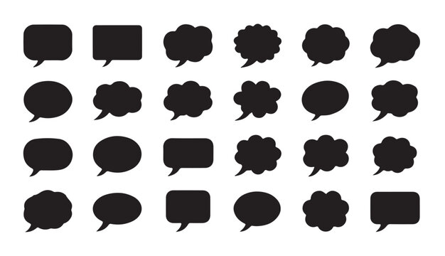 Collection of black speech bubbles in diverse shapes and styles for messages.