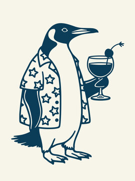 Of a penguin wearing a star-patterned button-down shirt and holding a cocktail glass with a cherry, dark blue ink on a cream background