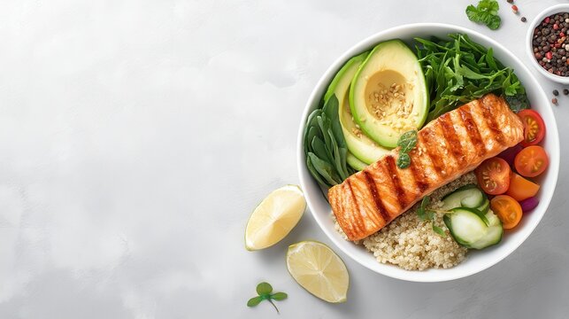 Healthy and nutritious balanced meal with grilled salmon avocado cucumber cherry tomatoes greens lemon wedges and quinoa on white background