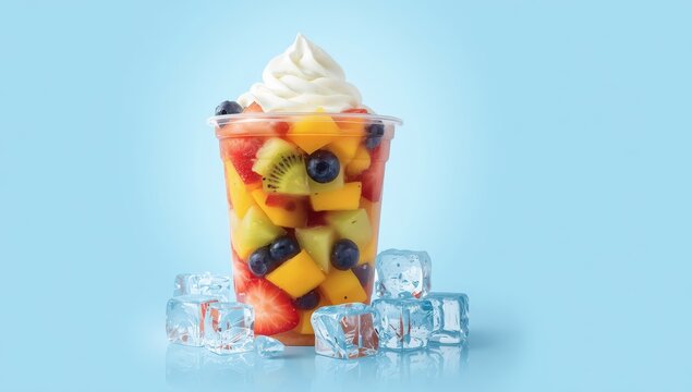 Takeaway cup of fruit salad against a blue backdrop, text area available.