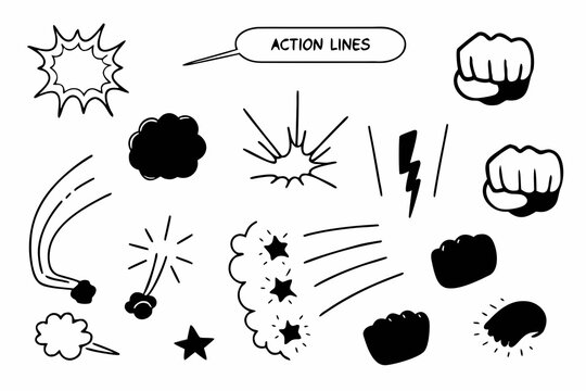 Hand-drawn manga comic style action illustrations. Dynamic comic book effects and expressive visual elements.
