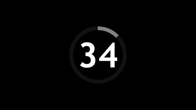 White circle countdown one minute animation from 39 to 0 seconds. Modern flat design with animation on dark black background.