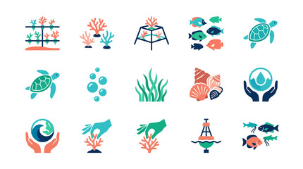 Marine conservation icons display sea turtles, coral reefs, and water protection concepts for environmental awareness. © MALAM