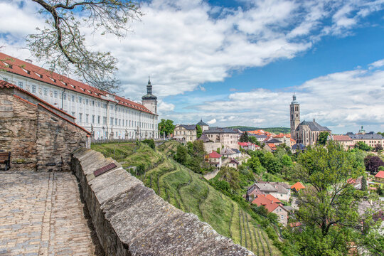 Kutn&aacute; Hora, view of the historic landmarks including Church of Saint Barbara and Jesuit College, elevated view of the UNESCO world heritage site.