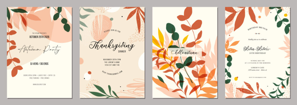 Floral templates in autumn colors. Suitable for birthday, wedding, thanksgiving and party invitation, poster, banner, email header,  advertising.