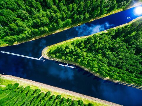 Aerial view of winding river surrounded by lush green forested banks under clear blue sky in Finland