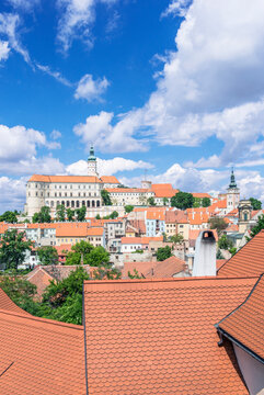 Mikulov, view across the rooftops to the castle, built in the 17th century baroque style.
