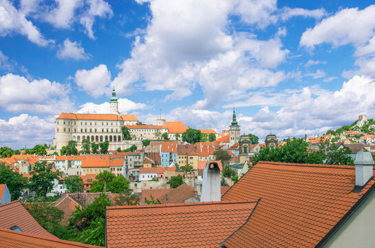 Mikulov, view across the rooftops to the castle, built in the 17th century baroque style.