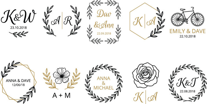 Elegant Wedding Monogram Logo Badge Vector Set with Botanical Laurel Wreaths Geometric Frames Floral Details and Couple Initials