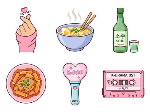 Korean drama and k-pop culture flat icon set, finger heart, ramen, soju, isolated on white