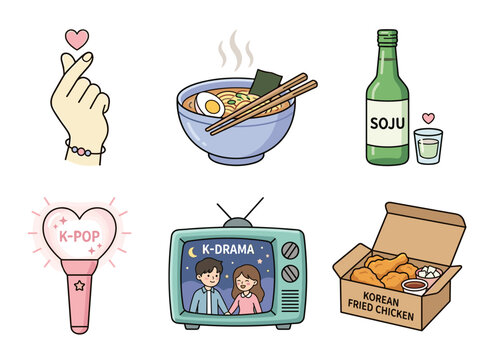 Korean drama and k-pop flat vector icons, finger heart, ramen, soju, fried chicken, k-culture clipart