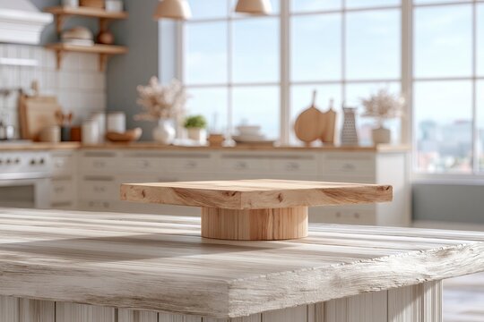 Empty wooden cake stand display on kitchen counter with natural light and blurred background