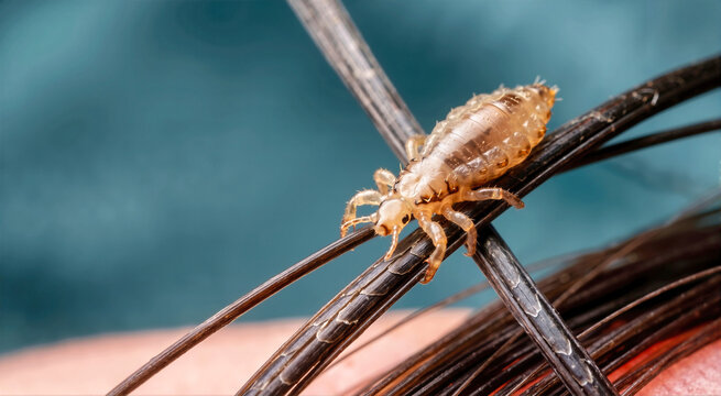 Macro photo of a head louse on human hair. Translucent amber parasite clinging to dark brown hair strands. Parasitic insect infestation concept