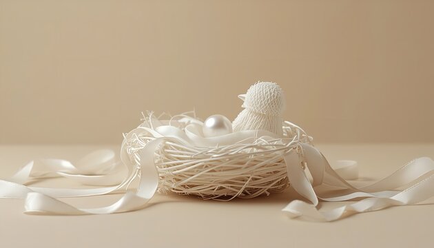 White Ceramic Bird Nest with Pearl and Ribbon