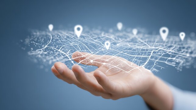 Digital Map Displayed Above Hand: A hand cradles a holographic projection of a digital map with location pins, symbolizing connectivity and navigation in the modern technological age.