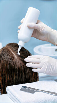 Gloved hands applying lice treatment product to parted wet hair. White squeeze bottle and metal nit comb on a white towel