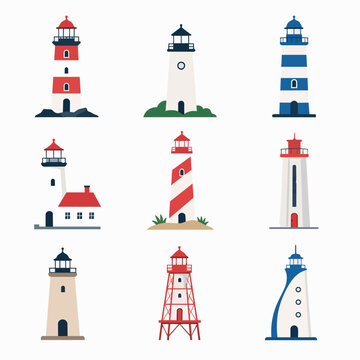 A collection of flat vector lighthouse illustrations in various designs and colors.