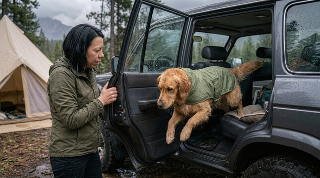Caring Female Owner Opening The Back Door Of An SUV Car Helping Her Golden Retriever Dog Jump Inside After An Outdoor Adventure