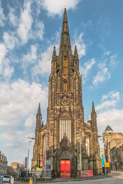The Hub, home of Edinburgh International Festival, originally the Highland Tollbooth St. John's Church constructed in the 1840's, a tall spire with ornate stonework.